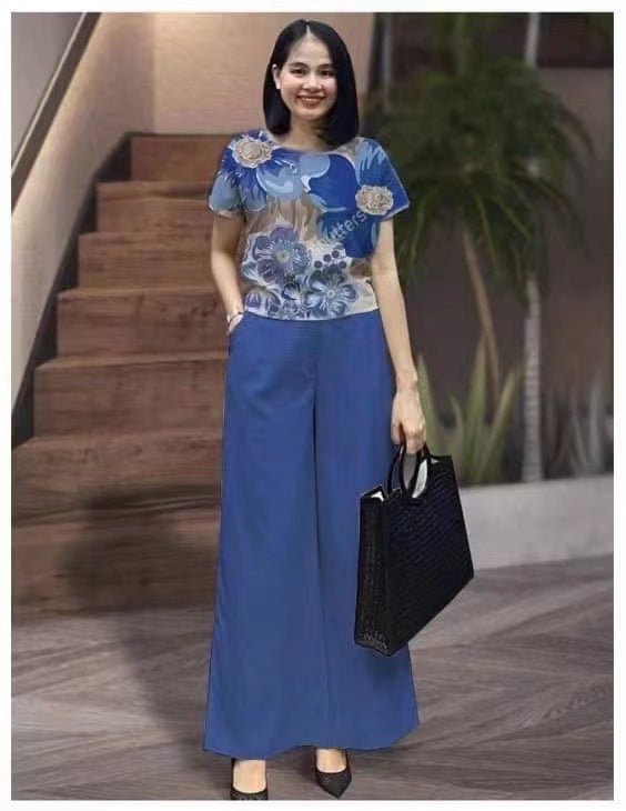Women's Color Loose Short-sleeved Printed Trousers Two-piece Set Fashion Casual Suit