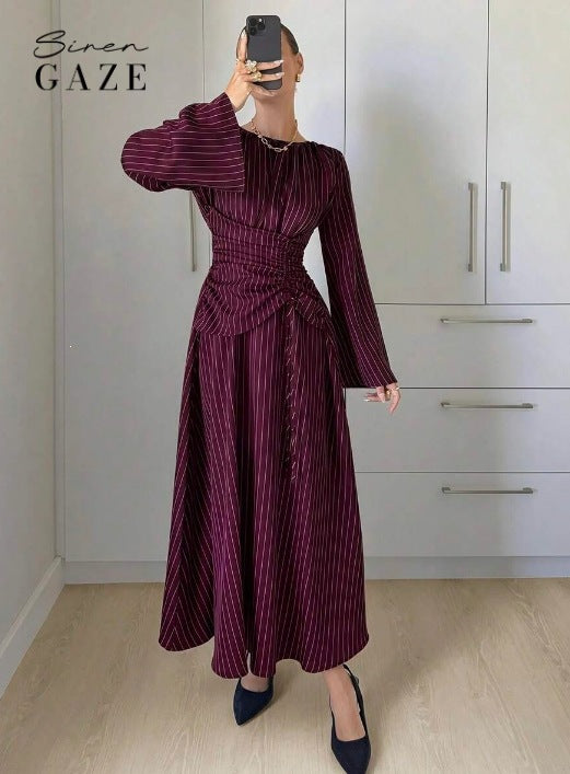 Vertical Stripes Long Sleeve Round Neck Pleated Nipped Waist Slimming Dress
