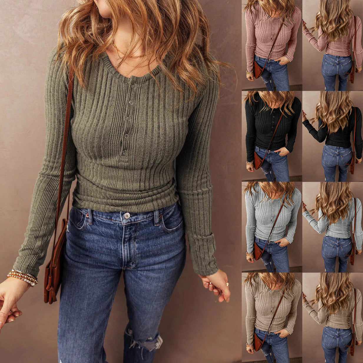 Women's Button Temperament Pure Color Long-sleeved Tops