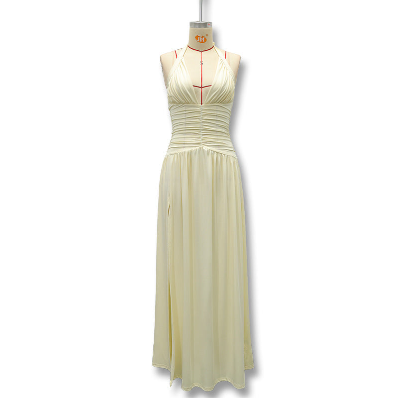 Women's Summer Banquet Style Solid Color Sexy Deep V Halter Backless Dress