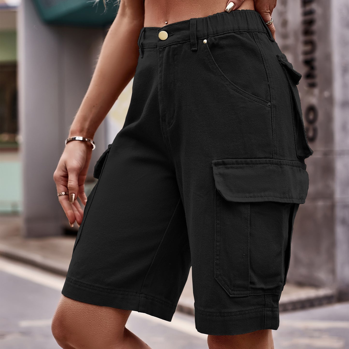Women's Summer Elastic Waist Denim Cargo Trendy Jeans