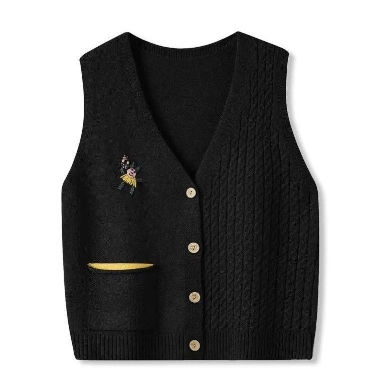 Women's Retro Twist Cartoon Embroidery Knitted Bandage Dress Women's Vest
