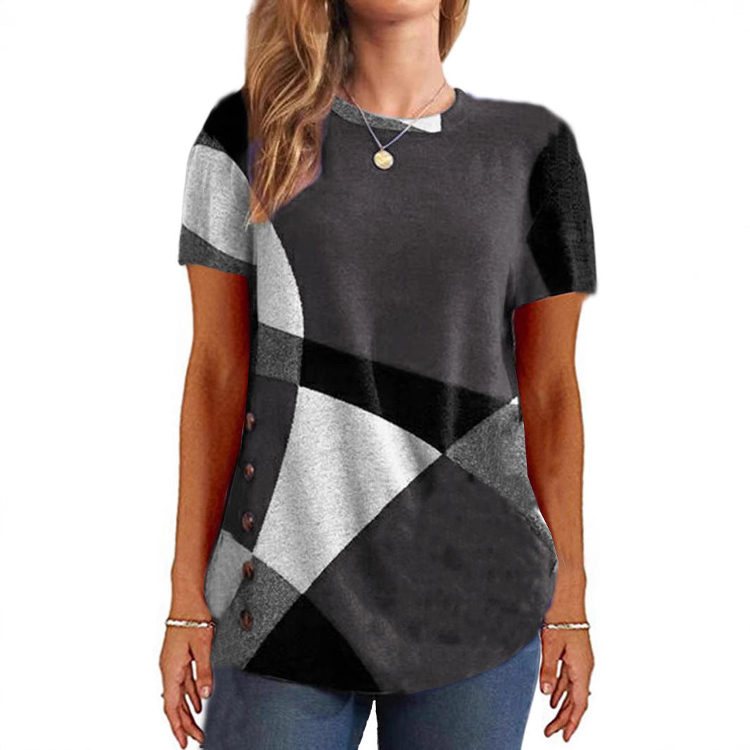 Women's French Cashmere Printing Color Contrast Sleeve Women's T-shirt