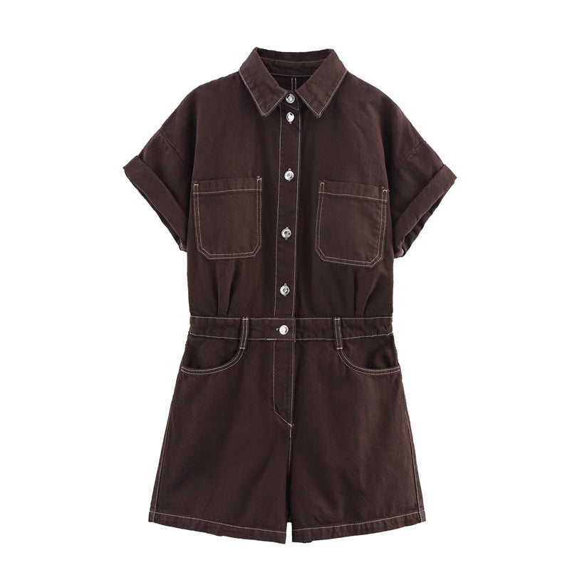Women's Summer Rollneck Shirt Pocket Decoration Denim Jumpsuits