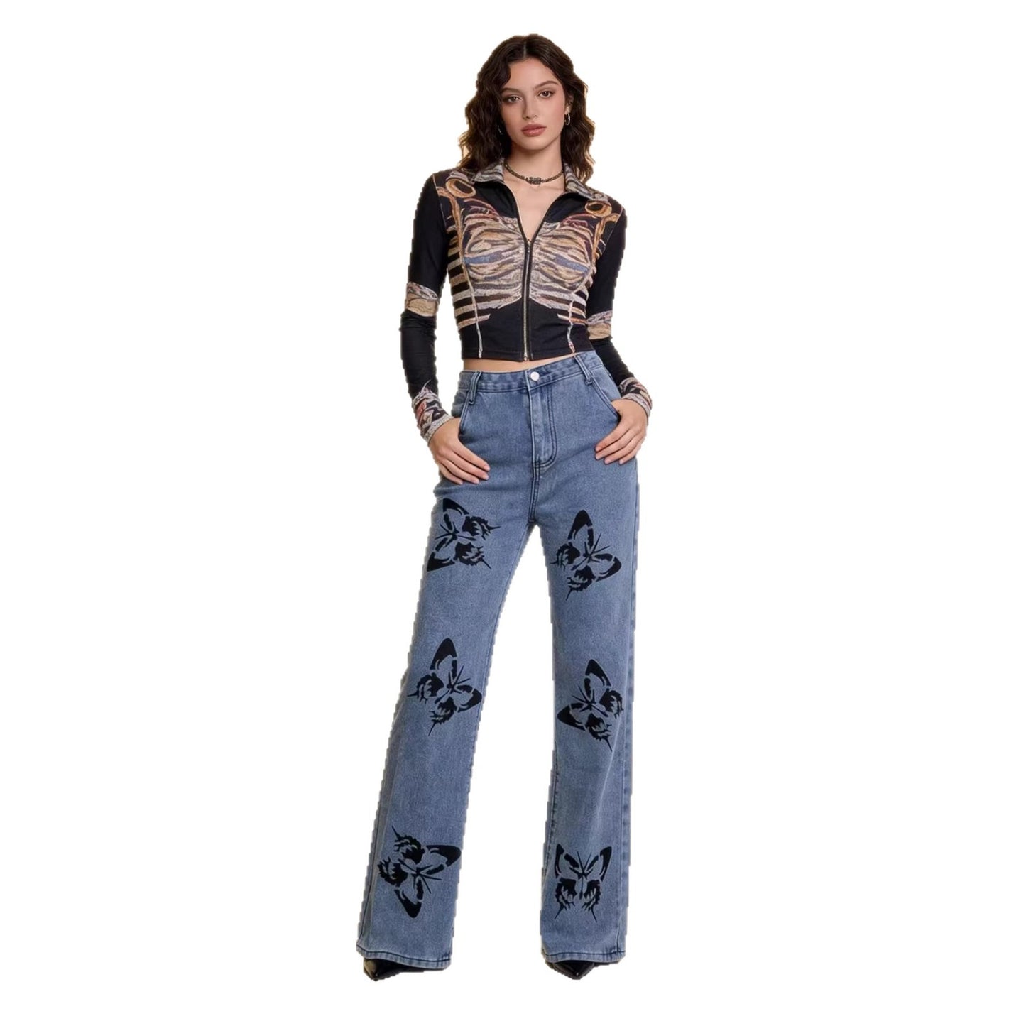 Women's Fashion Design Loose Printed Pattern Straight Women's Jeans