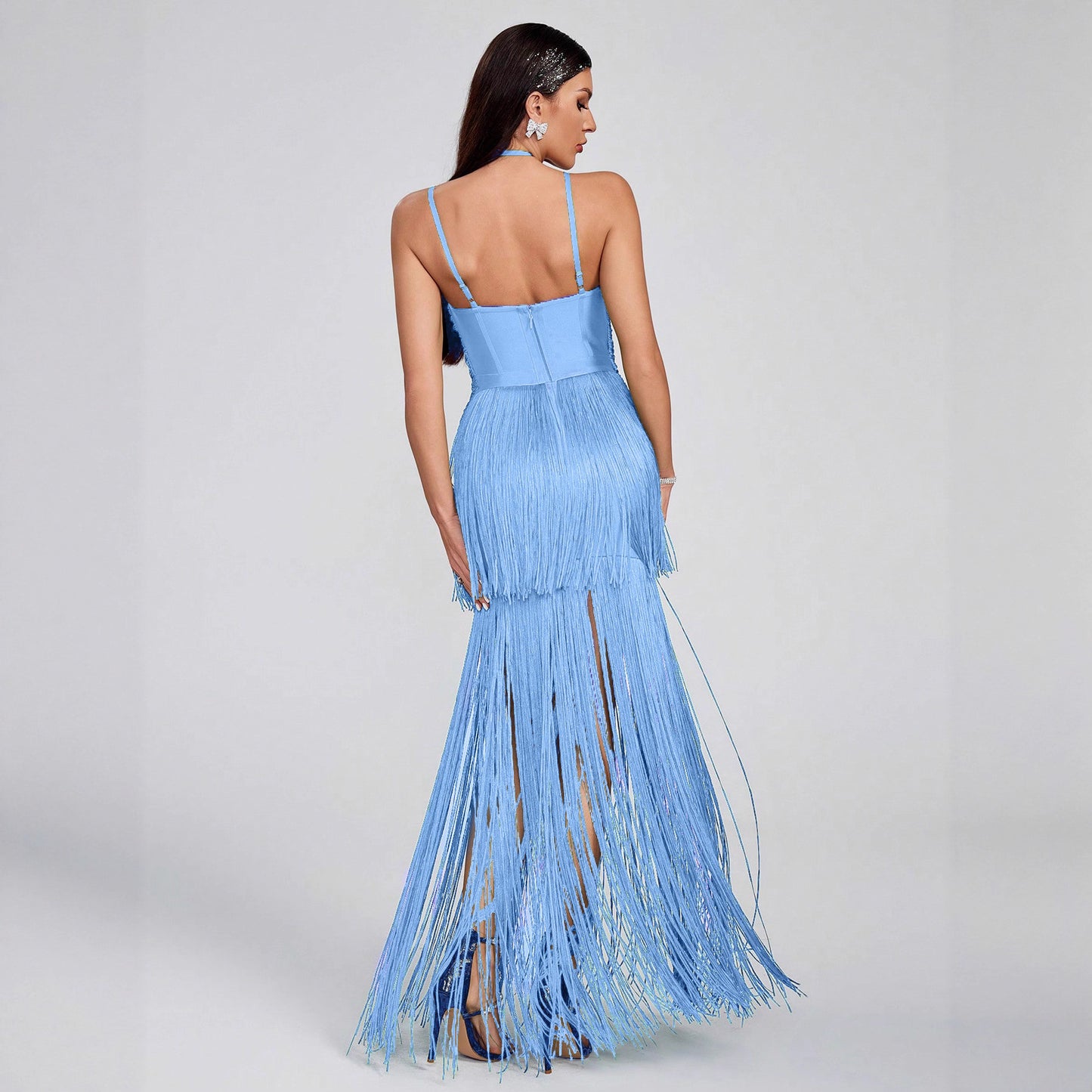 Long Dress Fringed Hem Sexy Dinner Dresses
