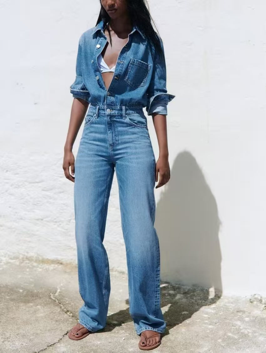 Women's Spring Lapel Fashion Casual Cowboy Siamese Jumpsuits