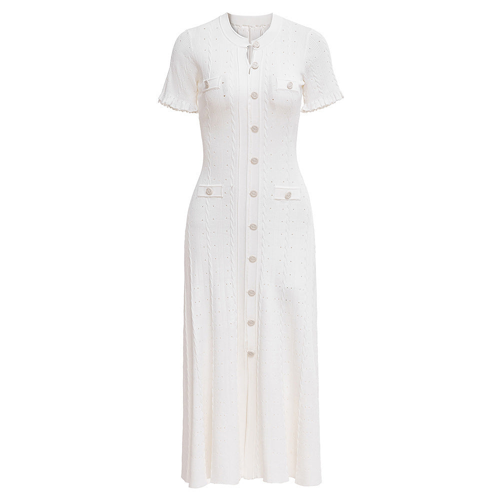 Button Jacquard Twist Slim Round Neck Dresses