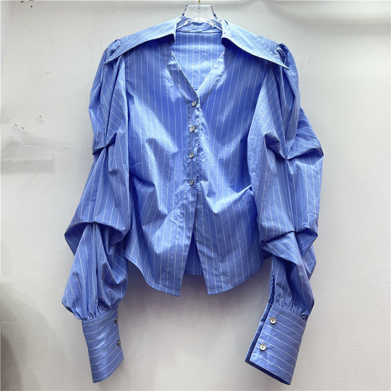 Women's Spring Lapel Long Sleeve Elegant Pleated Blouses