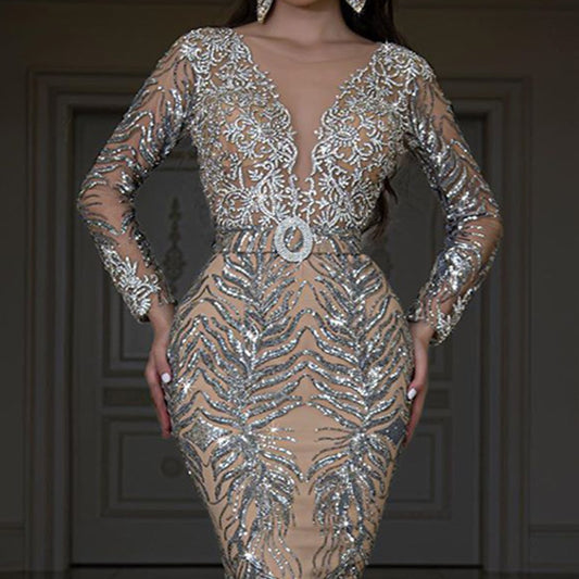 Women's Bronzing Long-sleeved Slim Sexy Fishtail Mopping Wedding Dresses