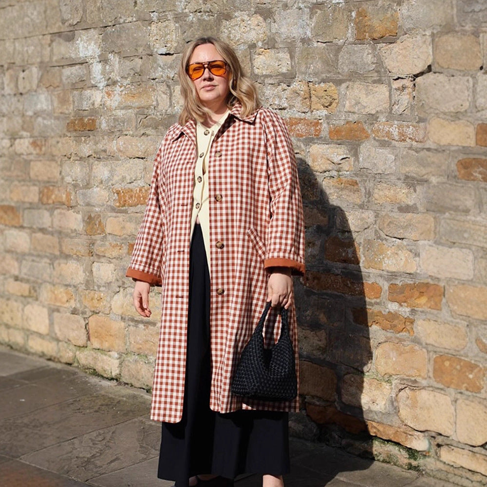 Women's Temperament Elegant Loose Lapel Plaid Long Coats