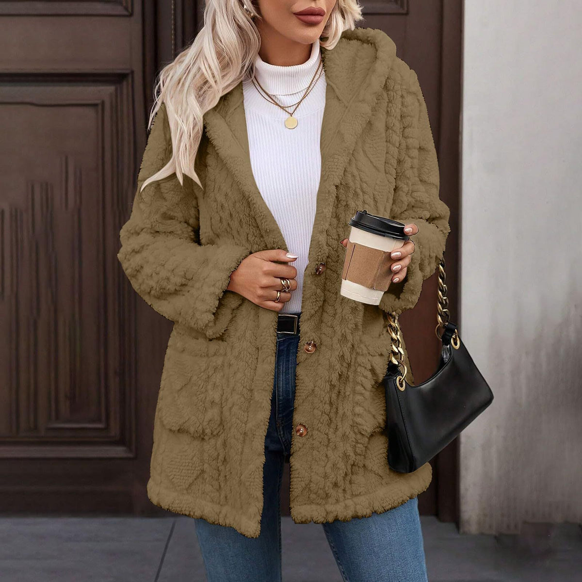 Hooded Solid Color Button Long Sleeve Women's Sweater, Sweater