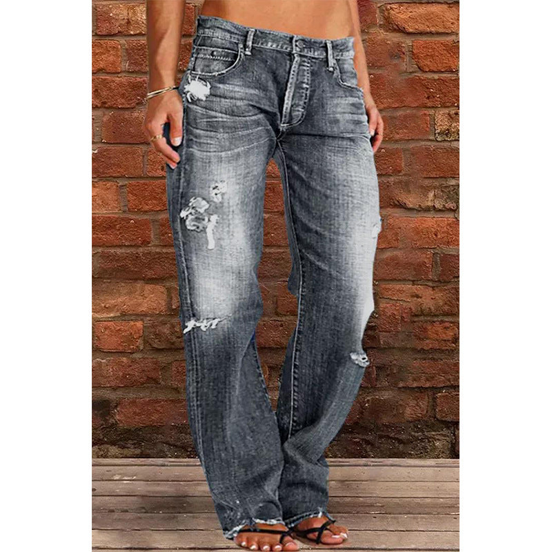 Women's Denim Trousers Trendy Mid Waist Ripped Jeans