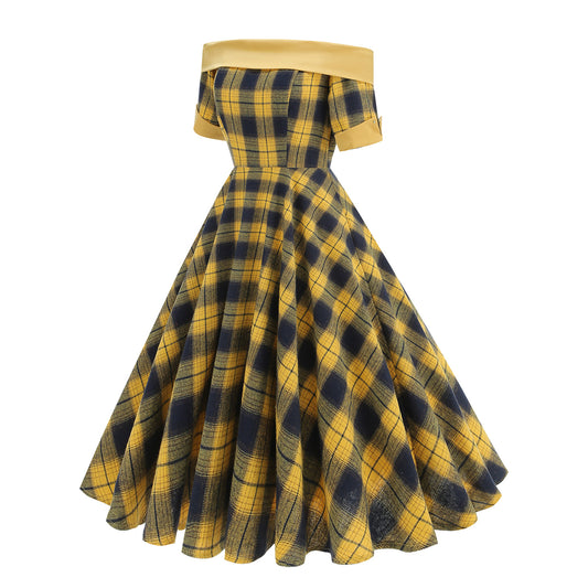 Hepburn Style Christmas British Plaid Contrast Color Sexy Dress