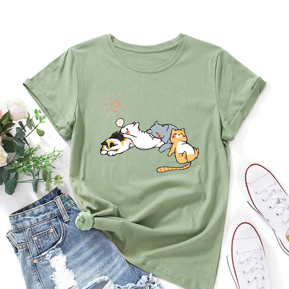 Women's Sleeping Cat Printing Loose Round Neck Sleeve Women's T-shirt