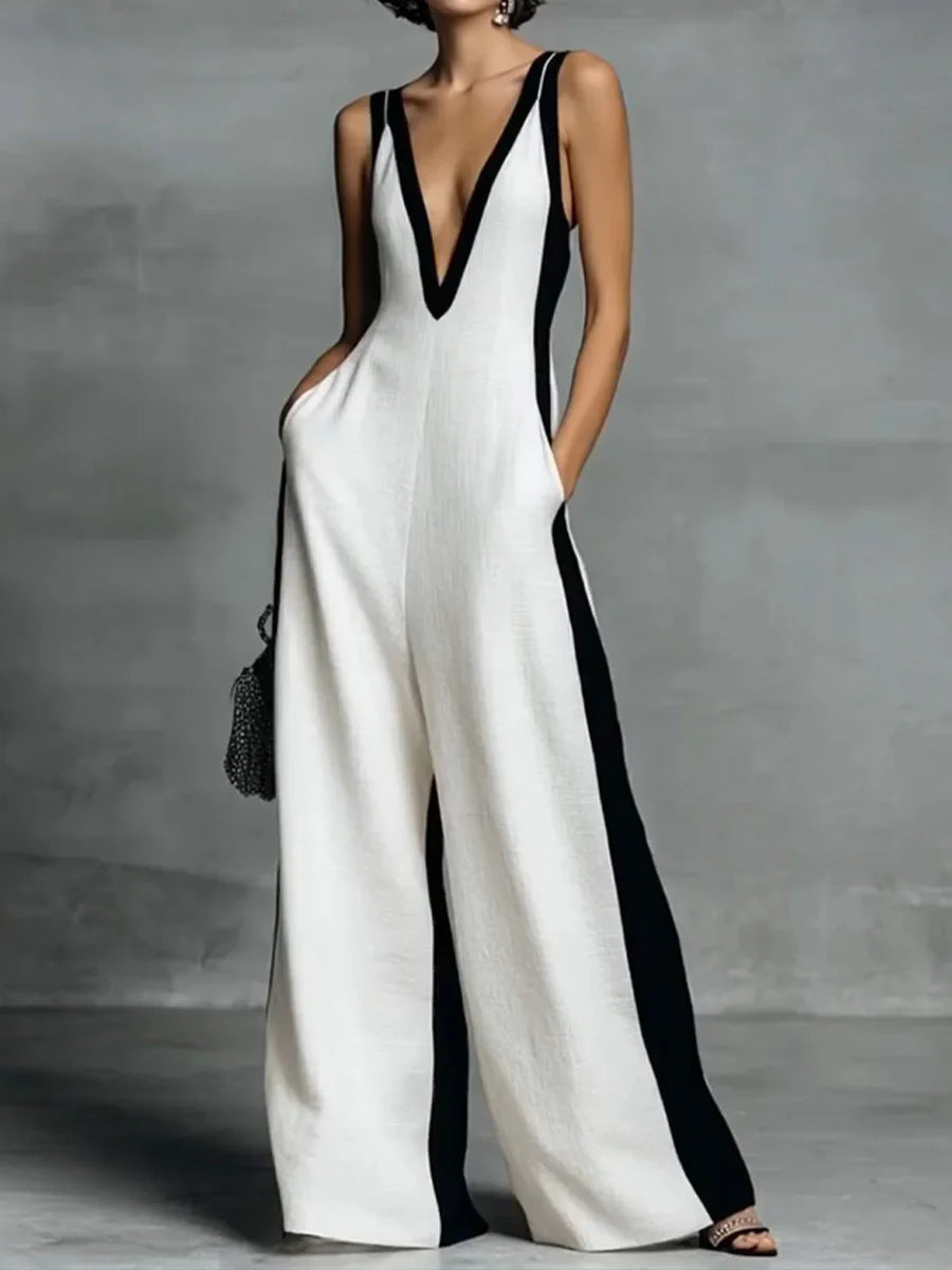 Women's Summer Fashion Wear Sleeveless Contrast Color Sling Wide Jumpsuits