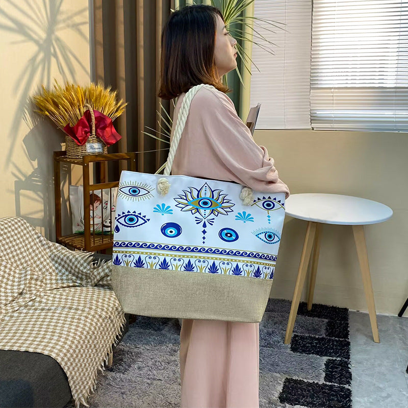 Women's Beach Thick Rope Shopping Evil Eye Stitching Bags