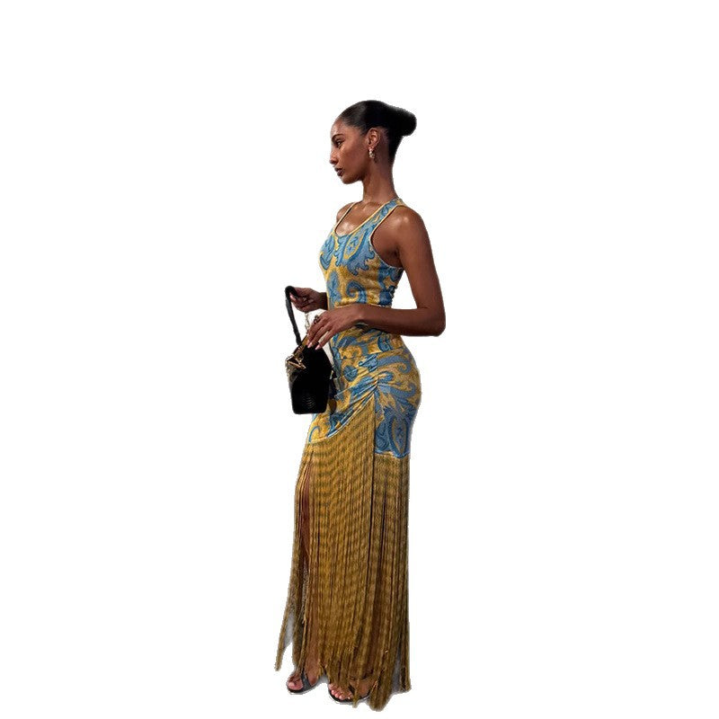 Women's Summer Classical Sleeveless Printed Tassel Dress Dresses