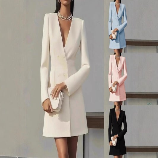 Women's Double Breasted Solid Color French Long-sleeved Dress