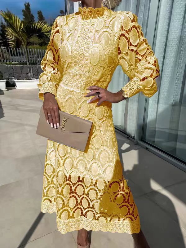 Sexy Hollow Long-sleeved Stand Collar Large Dress