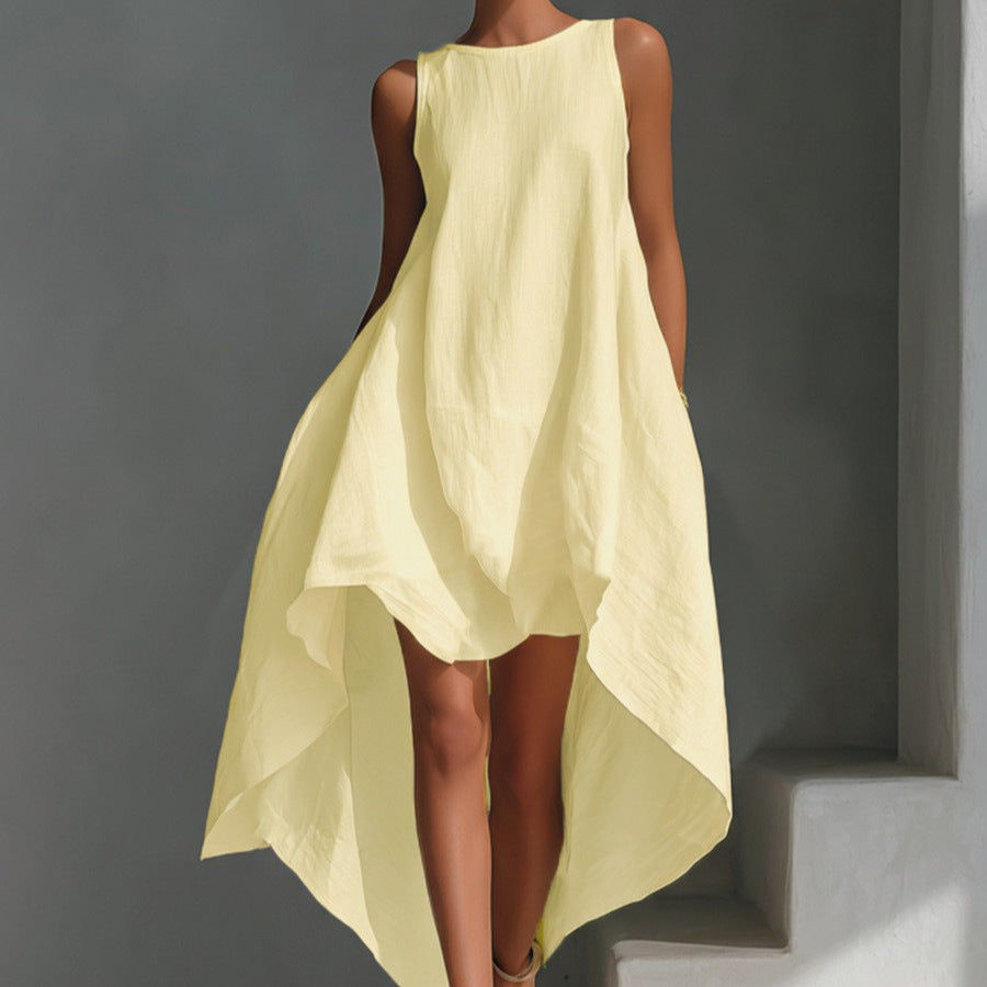 Women's Spring Cotton Linen Front Long Back Irregular Sleeveless Dress