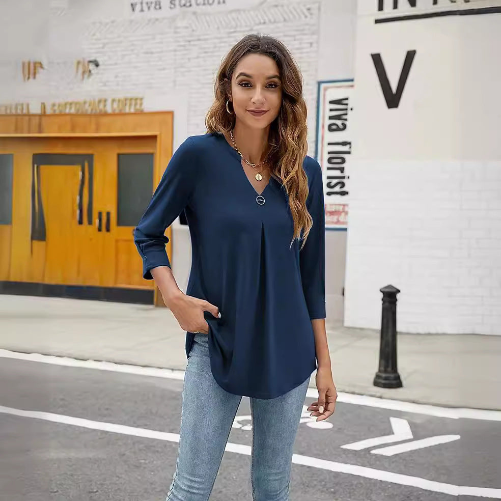 Women's Three-quarter Sleeve Solid Color Clinch Pleated Women's T-shirt