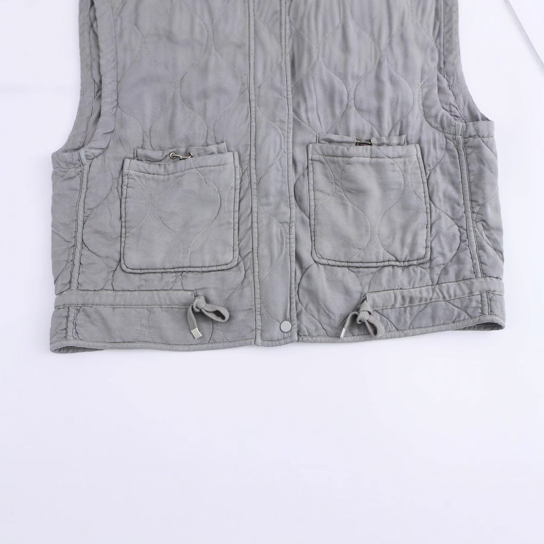 Graceful Stand Collar Sleeveless Pocket Decoration Vests