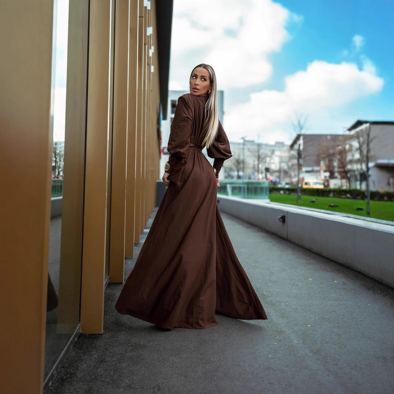Women's Waist Seal Pleated French Dress Coffee Dresses