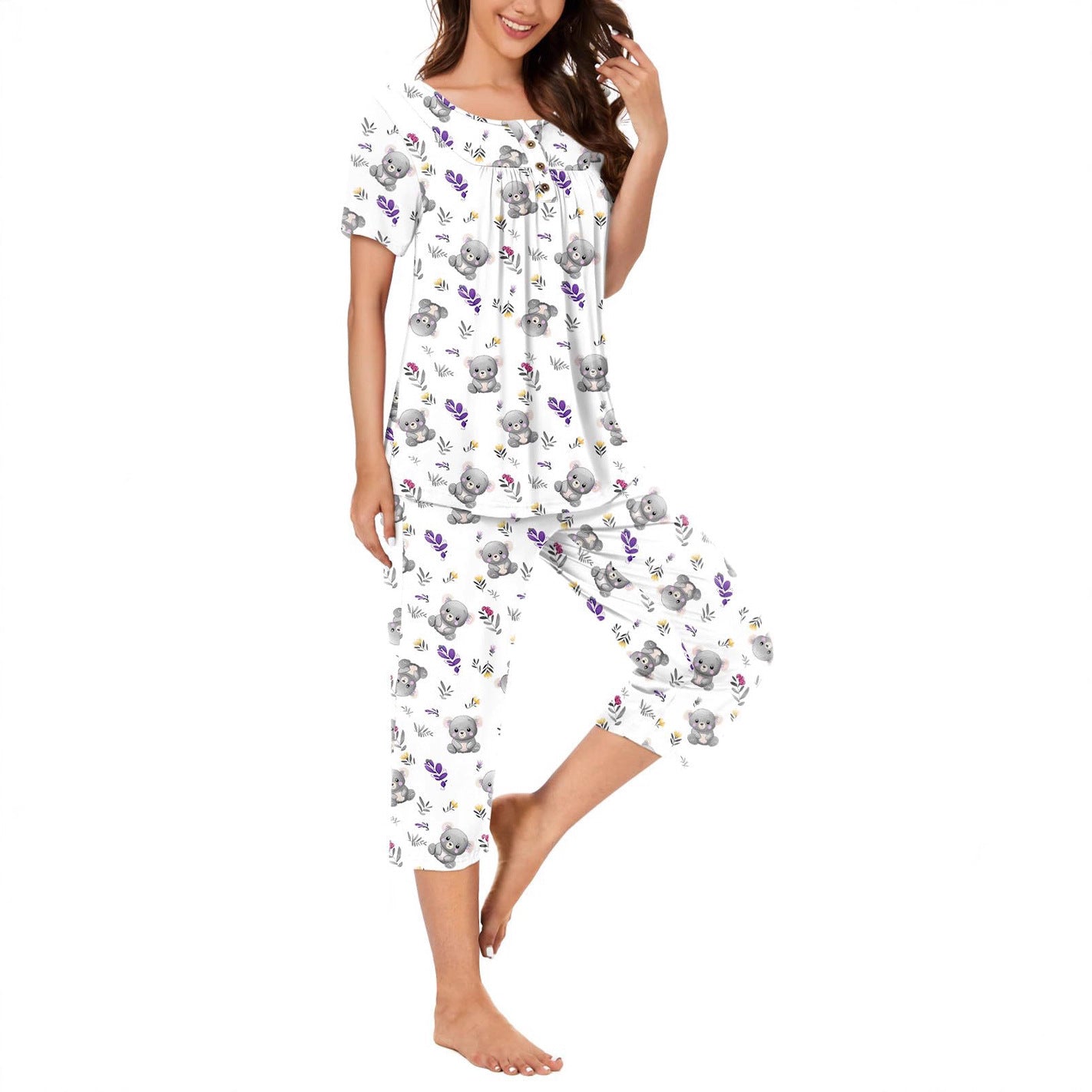 Women's Pajamas T-shirt Button Round Neck Printed Pants