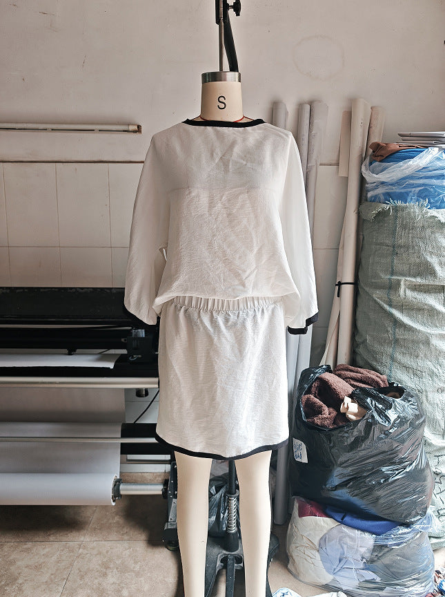 Women's Cotton Linen Dolman Sleeve Two-piece Set Skirts