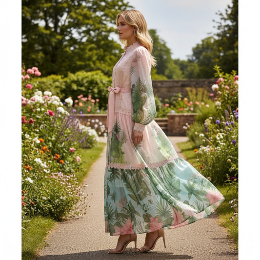 Holiday Pastoral Style Lantern Sleeve Green Tropical Printing Dresses