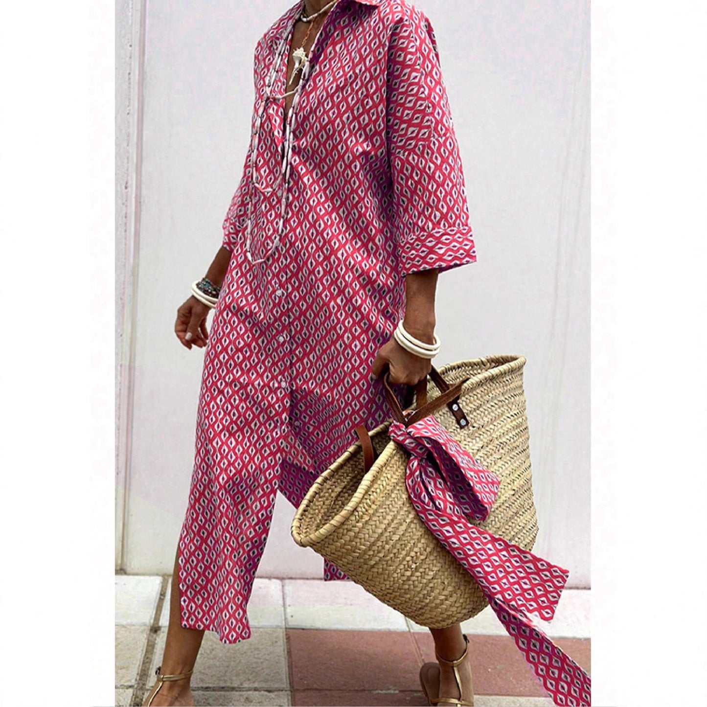 Women's Half Sleeve Striped Lapel Shirt Dress