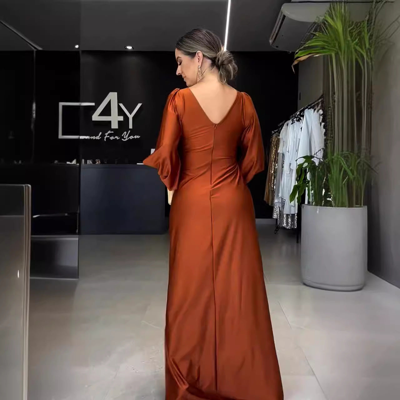 Long Sleeve Slim Fit Slit Temperament Dresses