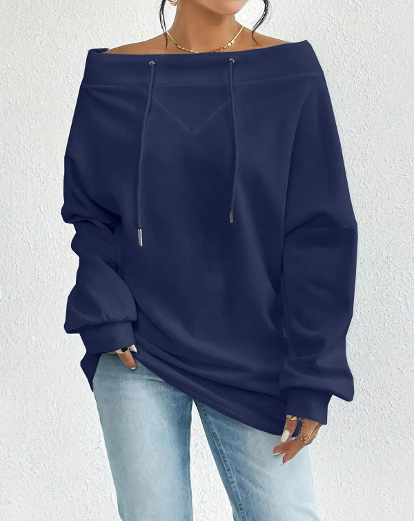 Women's Oblique Shoulder Loose Casual Drawstring Sweatshirt Women's Sweater, Sweater