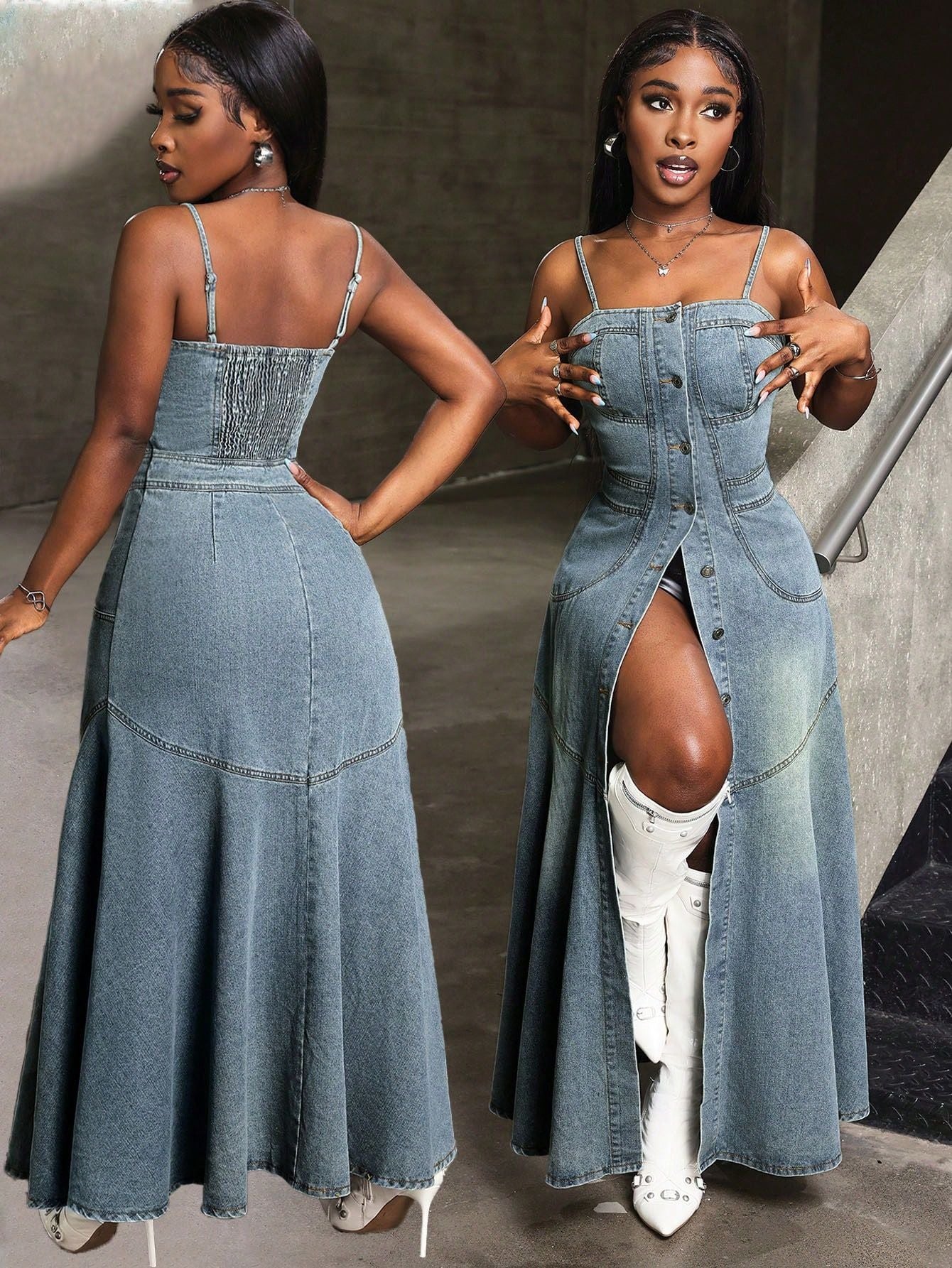 Fashionable Temperament Mid-length Single-breasted Suspender Denim Dresses
