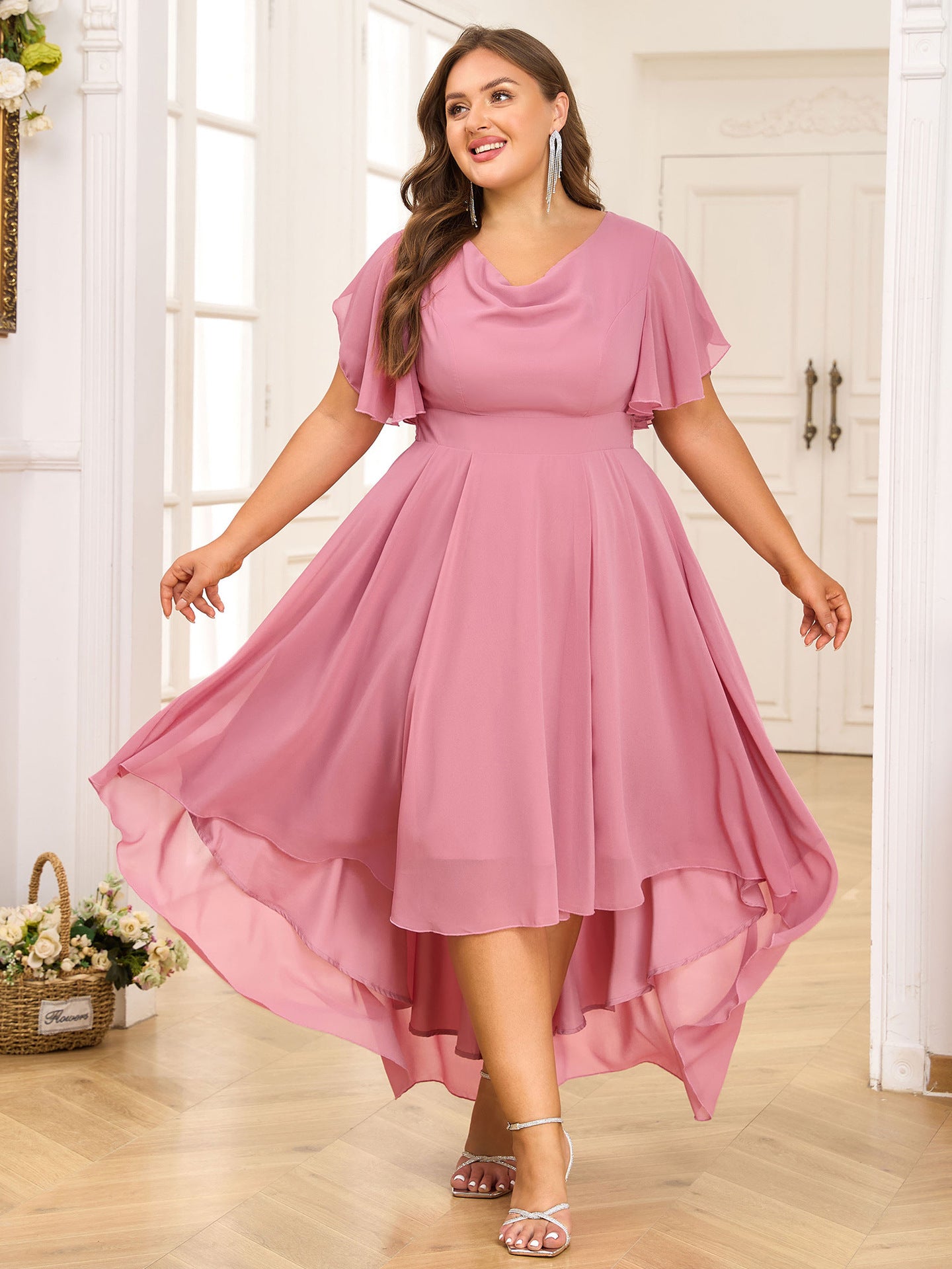 Lotus Leaf Sleeve Back Width Olive Front Long Chiffon Dresses