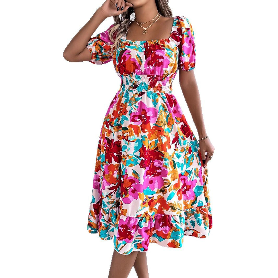 Women's Flower Square Collar Sleeve Waist Trimming Ruffles A- Shorts