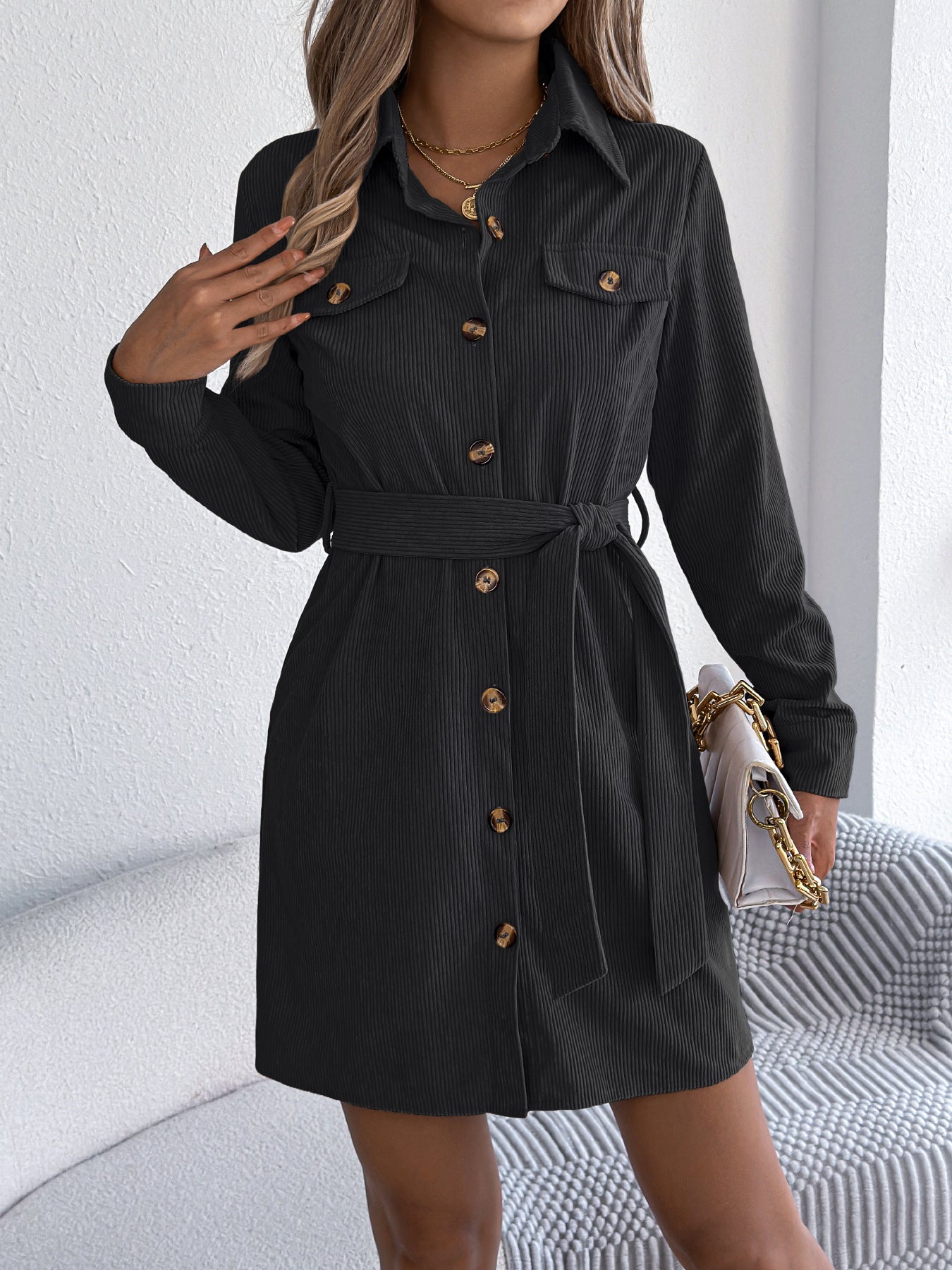 Women's Color Single-breasted Long Sleeve Corduroy Shirt Dresses