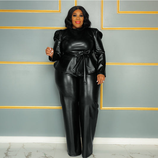 Women's Large Leather Stand Collar Belt Long-sleeved Suits