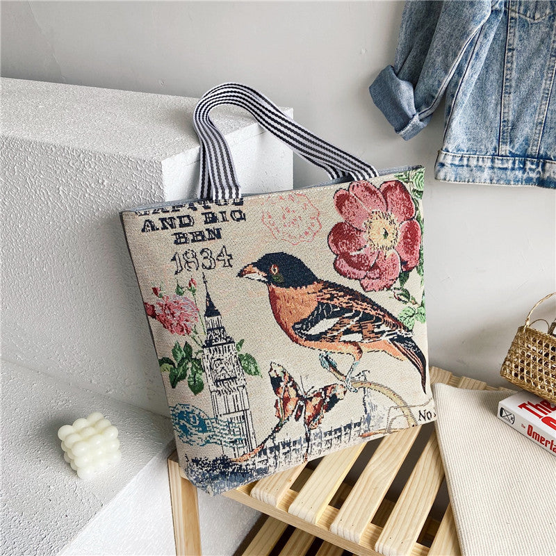 Fashionable Ethnic Style Shopping Cartoon Linen Shoulder Bags