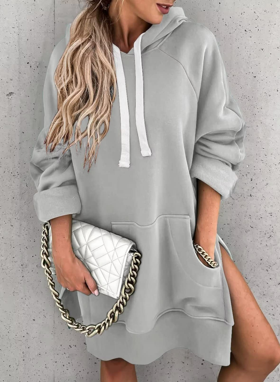 Women's Solid Color Casual Hooded Mouse Bag Rope Brushed Women's Sweater, Sweater
