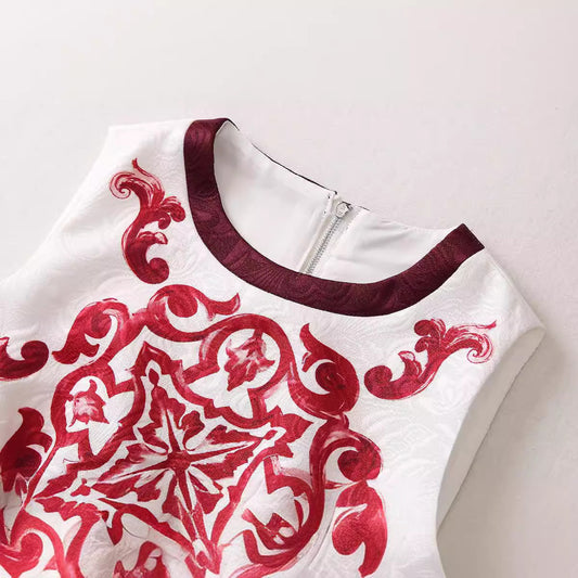 Women's Positioning Printing Red Flower Porcelain A- Vests