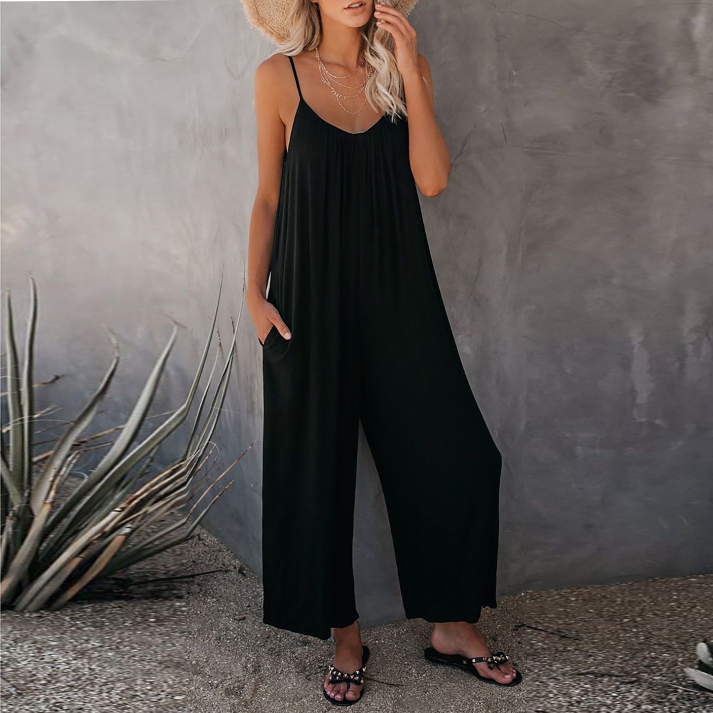 Women's Sling Summer Solid Color Pocket Jumpsuits