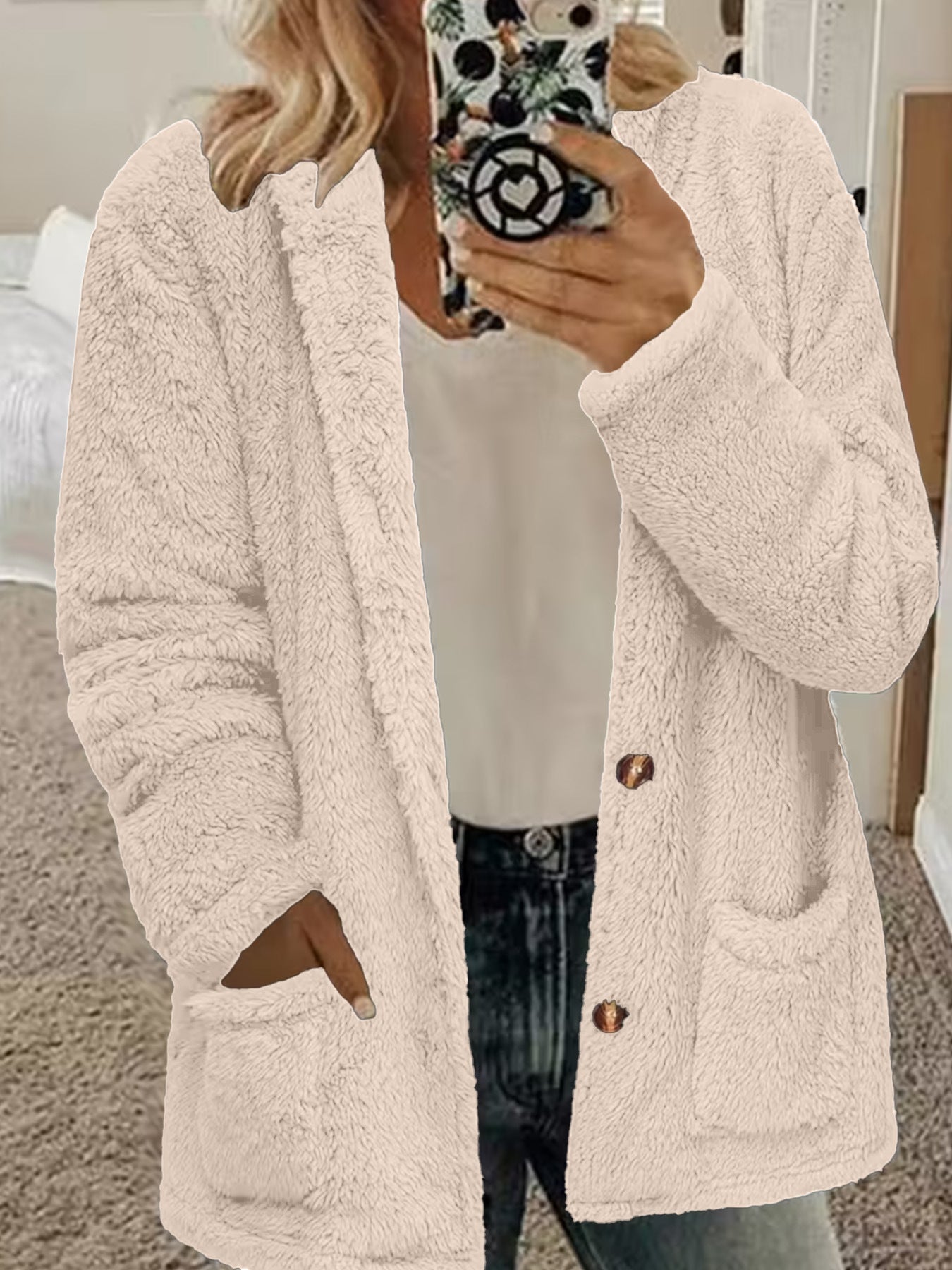 Women's Fur Hooded Loose Knitted Button Pocket Cardigans