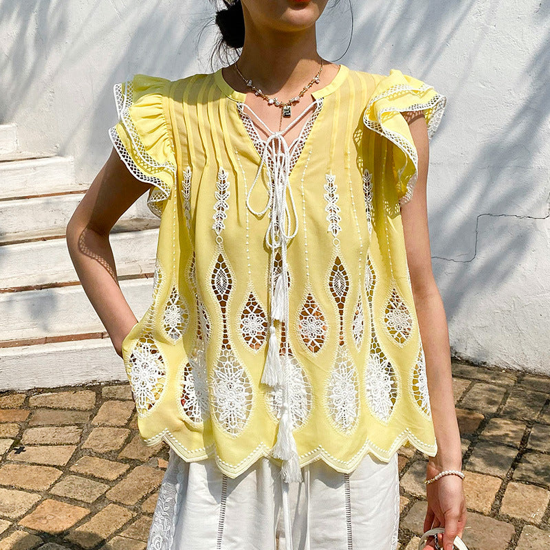 Women's Spring Vacation Style French Embroidery Seaside Blouses
