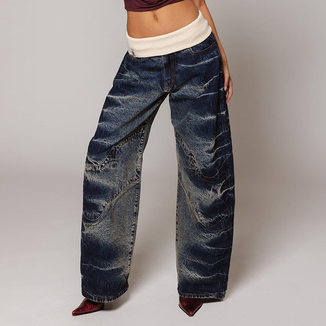 Women's & Men's & Waist Head Washed Worn Trendy Jeans