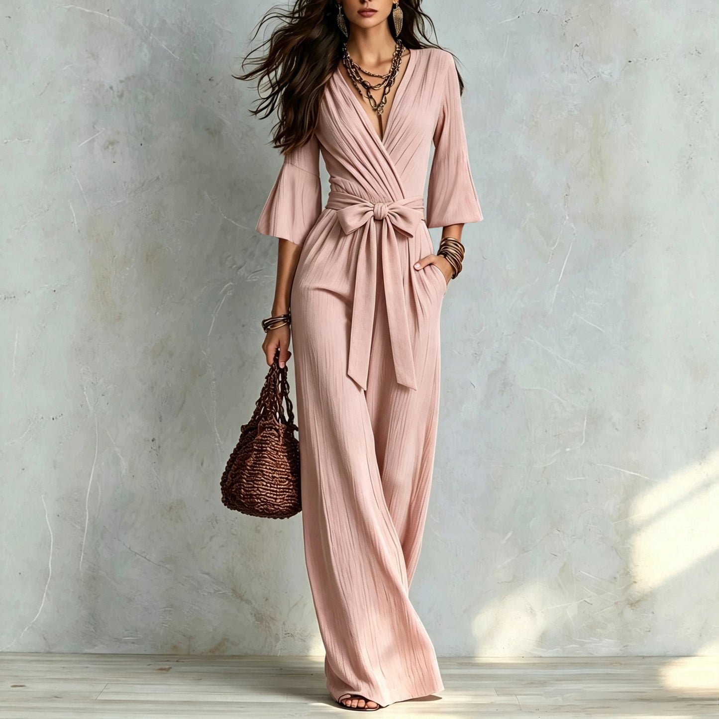Deep V Puff Sleeve One-piece Female Belt Jumpsuits