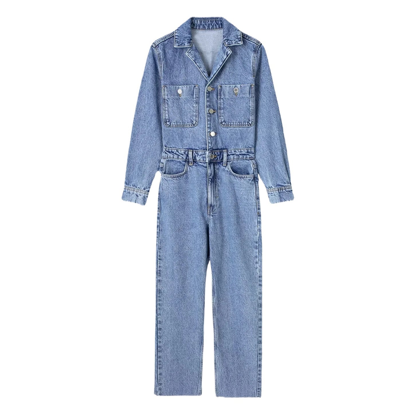 Women's Collar Pocket Decorative Waist Denim Trousers Jumpsuits