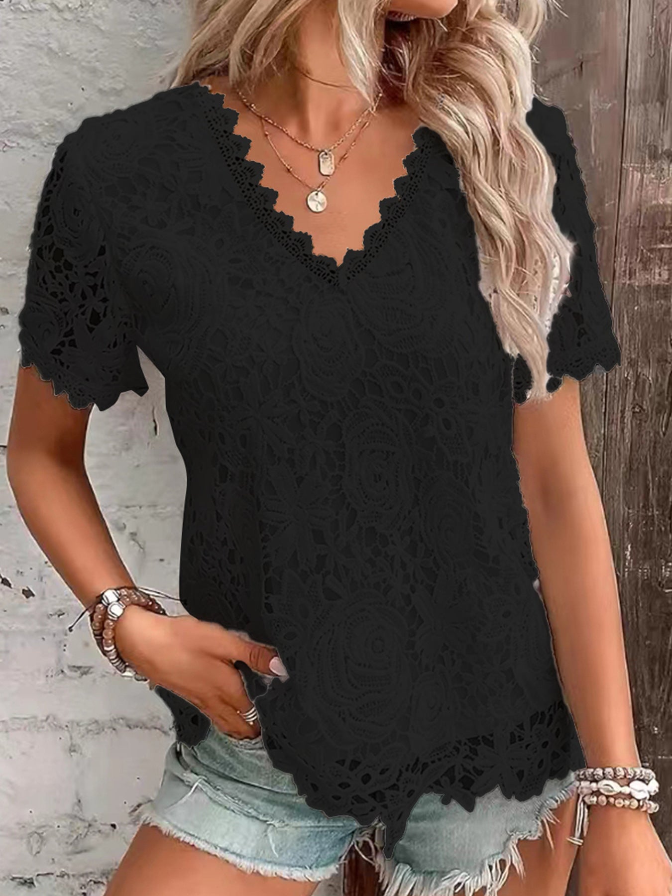 Classy Slouchy Women's Fashion Lace Sleeve Women's T-shirt