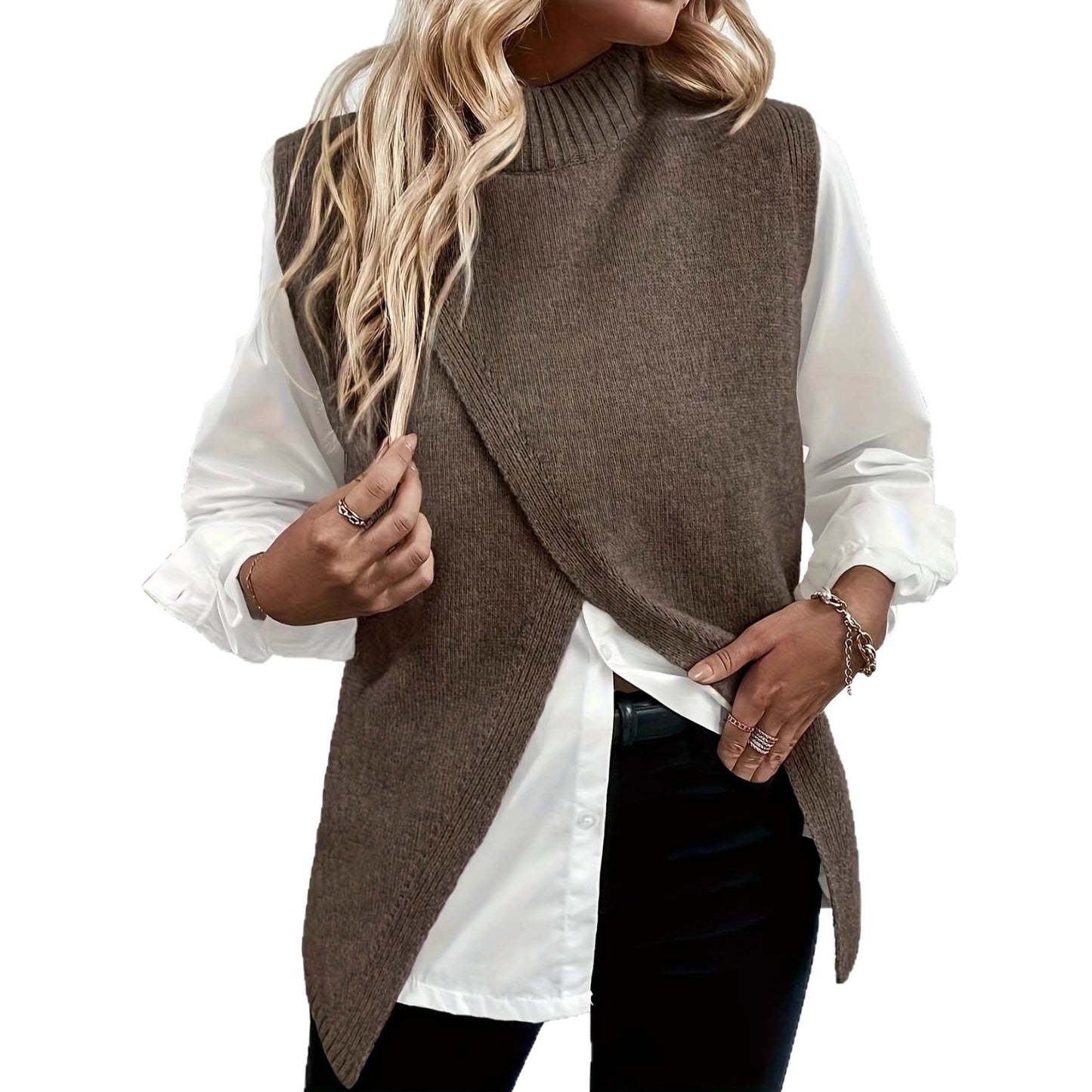 Slit Hemline At Hem Sleeveless Knit Niche Outerwear Waistcoat Bandage Women's Vest